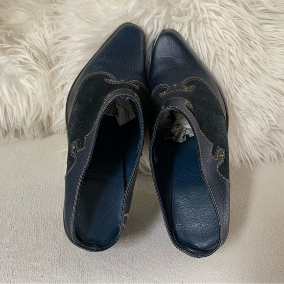 Western Navy Blue Leather Suede Studded Mule Heels - Picture 8 of 13